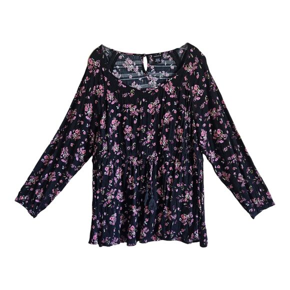 TORRID 2 Women 18 20 Tunic Top Floral Black Pink Drawstring Waist Tassel Tie 44" - Picture 1 of 7